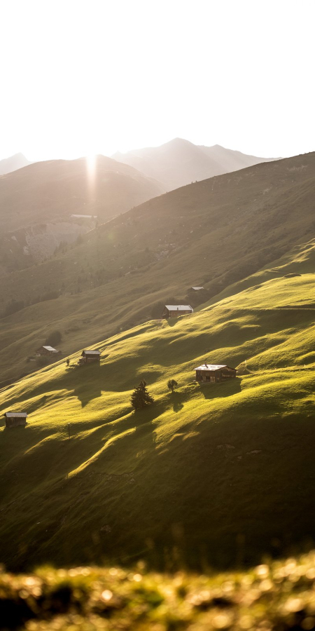 Goldene Stunde über Partnun – Maiensässe eingebettet in sanfte Berglandschaft des Prättigaus (Foto: © Marco Hartmann) Abendlicht auf den grünen Hängen von Partnun mit verstreuten Maiensässen im Prättigau