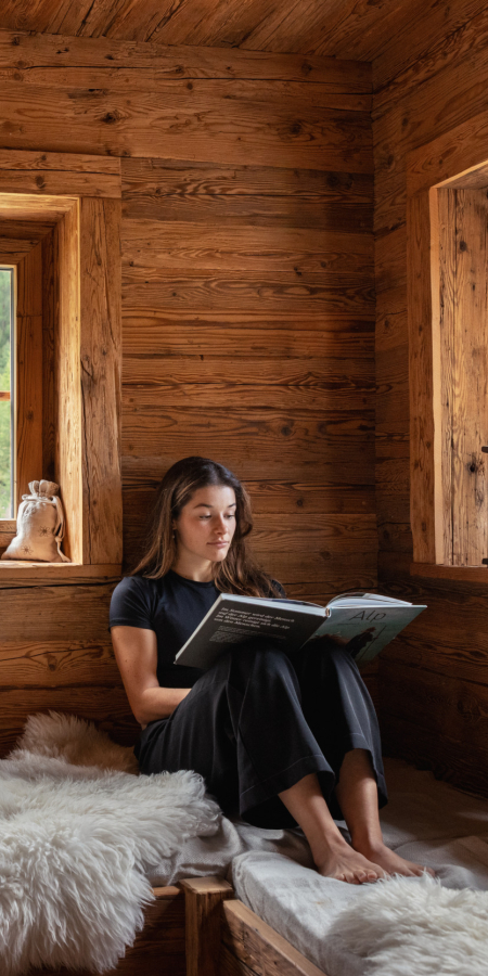 Lesepause mit Ausblick – in einem Maienäss trifft Einfachheit auf Erholung (Foto: © Schweiz Tourismus / Nico Schärer) Frau liest ein Buch in einem traditionellen Maienäss