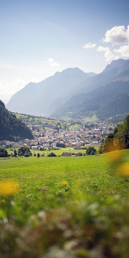 Das Dorf Poschiavo liegt nur wenige Kilometer von der italienischen Grenze entfernt und überrascht mit kultureller Vielfalt(Foto: © Marco Hartmann) Blick auf das Dorf Poschiavo inmitten der Sommerlandschaft der Valposchiavo
