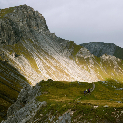 Abenteuer Trekking: Geführt geht es drei Tage lang von Lenzerheide nach Arosa (Foto: © Caroline Fink) Trekkinggruppe unterwegs in der Region Arosa Lenzerheide