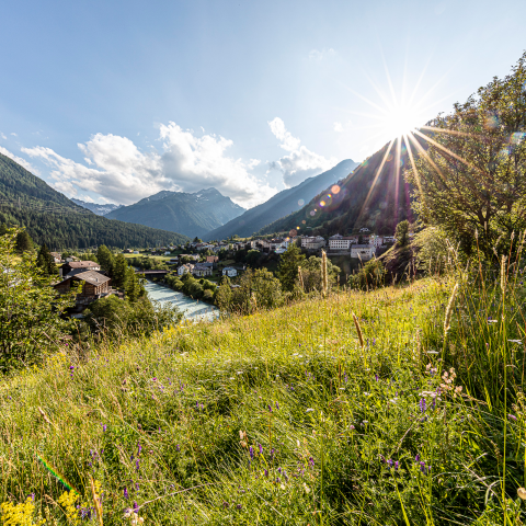 Das Bergsteigerdorf Lavin im Unterengadin (Foto: © Andrea Badrutt) Bergsteigerdorf Lavin im Unterengadin, umgeben von grünen Wiesen und imposanten Berggipfeln