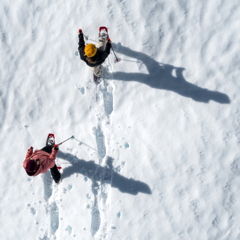 Schneeschuhabenteuer zu zweit im Winterparadies Flims Laax Falera (Foto: © Flims Laax / Philipp Ruggli) Zwei Frauen beim Schneeschuhwandern hinterlassen Spuren im frischen Schnee einer Winterlandschaft