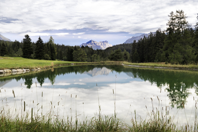 Der Golfplatz Lenzerheide ist für seine Gewässer bekannt – zwischen Damenabschlag 7 und Fairway 10 findet man an der Quelle eines kleinen Bergbachs sogar eine natürliche Getränkestation (Foto: © Alfonso Smith) Ein Gewässer auf dem Golfplatz Lenzerheide