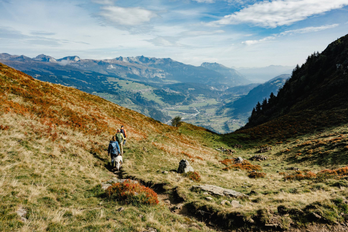 Rundwanderung Piz Mundaun (Foto: © Ida Sgier) Wanderer mit Hund auf der Rundwanderung am Piz Mundaun