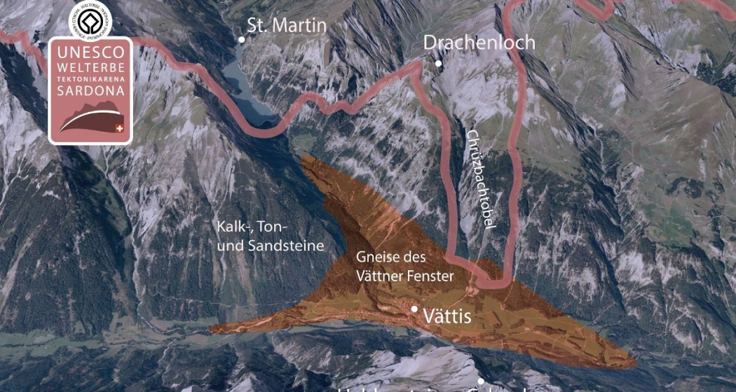 Das Vättner Fenster (orange) und das Welterbe Sardona (weinrot) Das Vättner Fenster (orange) und das Welterbe Sardona (weinrot)