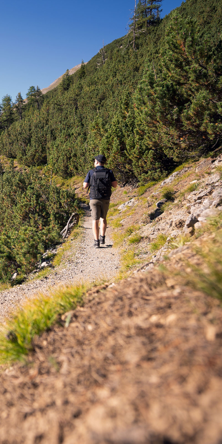 Wanderer auf dem Nationalpark Panoramaweg im Engadin